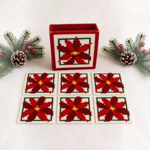 Vtg Handmade Plastic Canvas Poinsettia Coaster St 6 Christmas Needlepoint Box
