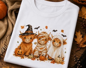 Gruselige Hochlandkuh (PNG), lustige Halloween-Hochlandkuh-Sublimation, niedlicher Kürbis-Herbst-Download für Shirts & Bastelarbeiten