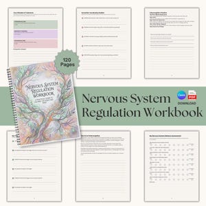 Op de afbeelding: Een spiraalgebonden werkboek getiteld "Nervous System Regulation Workbook" met een aquarel boomontwerp op de omslag. De afbeelding bevat verschillende open pagina's met tekst en een sticker "120 pagina's". De woorden "Nervous System Regulation Workbook" worden ook weergegeven.