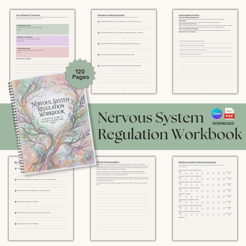Op de afbeelding: Een spiraalgebonden werkboek getiteld "Nervous System Regulation Workbook" met een aquarel boomontwerp op de omslag. De afbeelding bevat verschillende open pagina's met tekst en een sticker "120 pagina's". De woorden "Nervous System Regulation Workbook" worden ook weergegeven.