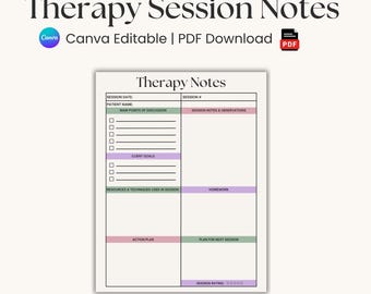 Therapy Session Notes Template | Clinical Progress Log for Psychologists and Counselors | SOAP and DAP Note Style | Editable Canva & PDF