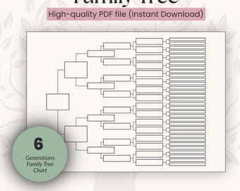 6 Generations Family Tree Chart, Genealogy Pedigree Template, Printable Ancestry Tree, Family History Chart, Canva & PDF