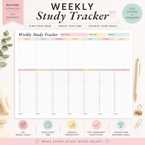 May include: A Weekly Study Tracker printable planner page featuring a grid layout for seven days, hourly time slots, and goal tracking sections. The document includes text headers, colorful accents, and five circular icons at the bottom.