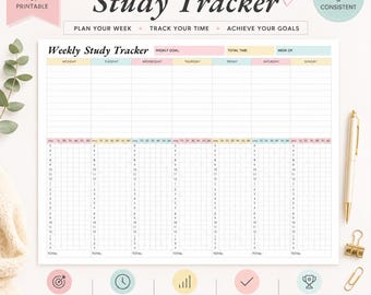 Weekly Study Tracker Canva Template, Student Planner, Study Hours Tracker, Academic Planner, Printable Habit Tracker, Productivity Planner