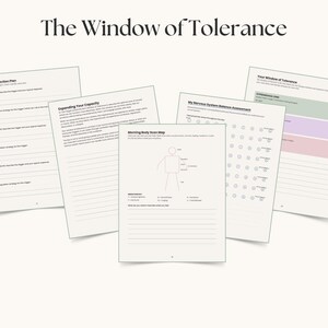 Op de afbeelding: Een verzameling werkbladen getiteld "The Window of Tolerance" met tekst en diagrammen. De werkbladen bevatten titels als "My Trigger Action Plan" en "Morning Body Scan Map". De tekst is zwart op een cr&egrave;mekleurige achtergrond.