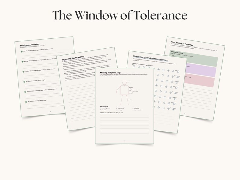 Op de afbeelding: Een verzameling werkbladen getiteld "The Window of Tolerance" met tekst en diagrammen. De werkbladen bevatten titels als "My Trigger Action Plan" en "Morning Body Scan Map". De tekst is zwart op een cr&egrave;mekleurige achtergrond.