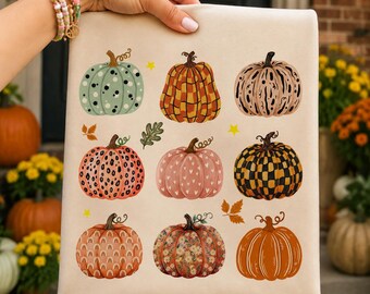 ボヘミアン風カボチャPNG、プレッピー風秋のカボチャ昇華プリント、かわいいカボチャ柄デザイン、コケット風秋シャツPNG、DIYデジタルダウンロード
