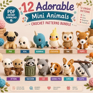 12 in 1 Mini Modelli di Animali all'uncinetto, Pacchetto Amigurumi in PDF, Peluche di Animali Carini, Modelli di Giocattoli Fai da Te, Download Digitale