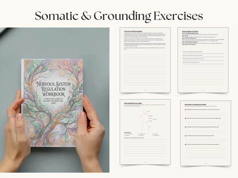 Op de afbeelding: Een werkboek getiteld "Nervous System Regulation Workbook" met een boomontwerp op de omslag wordt opengehouden en toont binnenpagina's. De titel "Somatic & Grounding Exercises" staat bovenaan. Het werkboek is ontworpen om lichaam en geest te kalmeren.