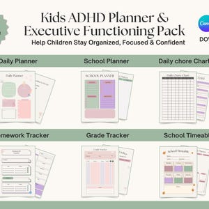 Könnte beinhalten: Ein Planer-Paket für Kinder mit ADHS, mit Tagesplaner, Schulplaner, Aufgabenübersicht, Hausaufgaben-Tracker, Noten-Tracker und Stundenplan. Das Paket umfasst 70 Seiten und soll Kindern helfen, organisiert, konzentriert und selbstbewusst zu bleiben. Der Text "Kids ADHD Planner & Executive Functioning Pack" ist sichtbar.
