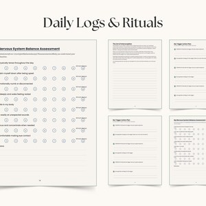 Op de afbeelding: Afdrukbare journaalpagina's met de titel "Daily Logs & Rituals". De pagina's bevatten vragen voor zelfevaluatie, actieplanning en reflectie. De pagina's zijn wit met zwarte tekst en een minimalistisch ontwerp.