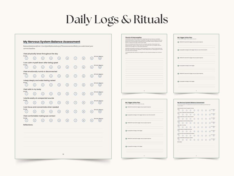 Op de afbeelding: Afdrukbare journaalpagina's met de titel "Daily Logs & Rituals". De pagina's bevatten vragen voor zelfevaluatie, actieplanning en reflectie. De pagina's zijn wit met zwarte tekst en een minimalistisch ontwerp.