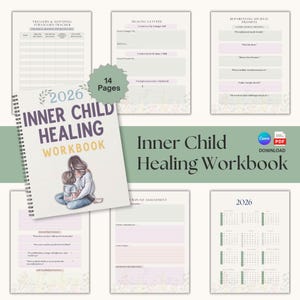 Może przedstawiać: Spiralnie oprawiony zeszyt zatytułowany "Inner Child Healing Workbook 2026" z ilustracją matki i dziecka na okładce. Zeszyt zawiera podpowiedzi, trackery i listy uzdrawiające. Obraz pokazuje również 14 stron.