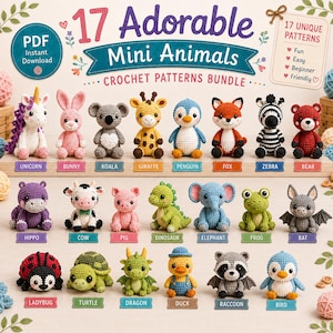 17-in-1 Mini Baby Animals Crochet Patterns | Unicorn, Ladybug, Giraffe, Hippo, Duck, Cow, Bat, Fox, Raccoon, Pig, Dinosaur | PDF Amigurumi
