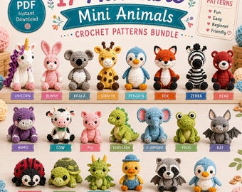 16-in-1 Mini-Babytiere Häkelanleitungen | Einhorn, Marienkäfer, Giraffe, Nilpferd, Ente, Kuh, Fledermaus, Fuchs, Waschbär, Schwein, Dinosaurier | PDF Amigurumi