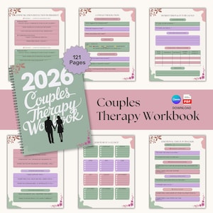 以下が含まれることがあります： 「2026 Couples Therapy Workbook」の文字とカップルのシルエットが描かれた緑色の表紙のカップルセラピーワークブック。コミュニケーション、問題解決、感情チェックイン用のワークシートが含まれています。ワークブックは121ページです。