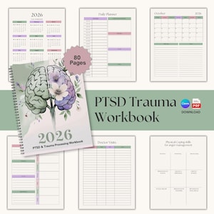 May include: A spiral-bound workbook with a cover featuring a brain illustration and the text "2026 PTSD & Trauma Processing Workbook." The image includes a calendar, daily planner, and other pages. The workbook has 80 pages.