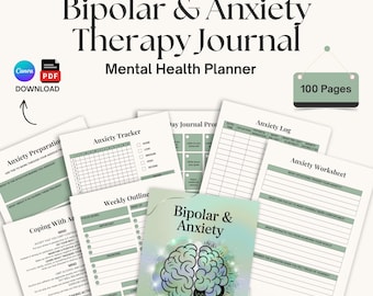 Bipolar & Anxiety Therapy Workbook | 100 Page CBT DBT Mood Tracker | Mental Health Planner for Clinicians and Self-Care | Canva Template