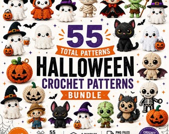 55 Halloween-Häkelmuster im Paket | Niedliche & gruselige Amigurumi-PNG-Dateien | Sofortiger digitaler Download für selbstgemachte Plüschtiere und Halloween-Bastelarbeiten