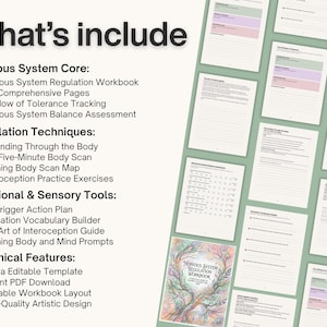 Op de afbeelding: Een verzameling afdrukbare werkboekpagina's en een omslag met de titel "Nervous System Regulation Workbook". De tekst bevat "What's included", Nervous System Core, Regulation Techniques, Emotional & Sensory Tools, en Technical Features.