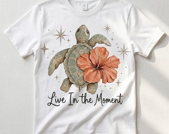 Live In Moment PNG, Meeresschildkröten-Hibiskusblüten-Sublimation, Retro-Türkis-Schildkröten-Design, Tropische Himmelskunst, Sommerdesign PNG