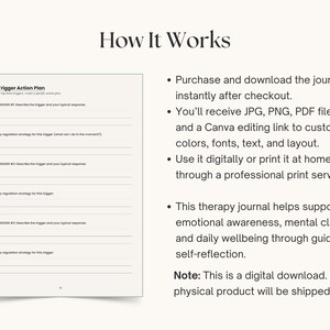 Op de afbeelding: Een digitale download van een therapiejournaal met de titel "My Trigger Action Plan" en de kop "How It Works". Het journaal bevat prompts voor zelfreflectie en ondersteunt emotioneel bewustzijn en mentale helderheid.