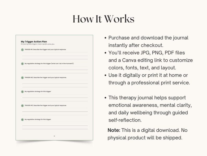 Op de afbeelding: Een digitale download van een therapiejournaal met de titel "My Trigger Action Plan" en de kop "How It Works". Het journaal bevat prompts voor zelfreflectie en ondersteunt emotioneel bewustzijn en mentale helderheid.