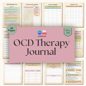 Może przedstawiać: Cyfrowy dziennik terapii OCD z 45 stronami, zawierający sekcje dotyczące zrozumienia OCD, śledzenia powrotu do zdrowia, elastycznego myślenia i dzienników myśli. Dziennik jest dostępny do pobrania w formacie PDF.