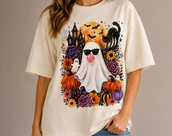 Geist bläst Kaugummi (PNG), Halloween-Sublimationsdesign mit Pinselstrich-Effekt, Mädchenhaftes T-Shirt-Design für ein Spukhaus, Digitaler Download