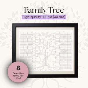 May include: A framed family tree chart with a black frame. The chart is a high-quality PDF file in A3 size and includes space for 8 generations. The text "Family Tree" is at the top.