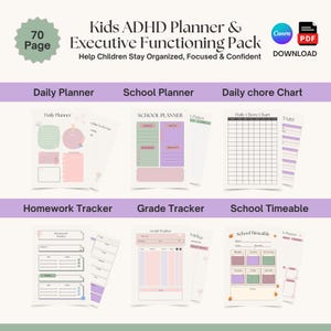 Planificador de funciones ejecutivas para niños con TDAH / Tablas de rutinas visuales y listas de verificación de comportamiento / Herramienta para consejeros escolares y educación en el hogar / PDF de Canva