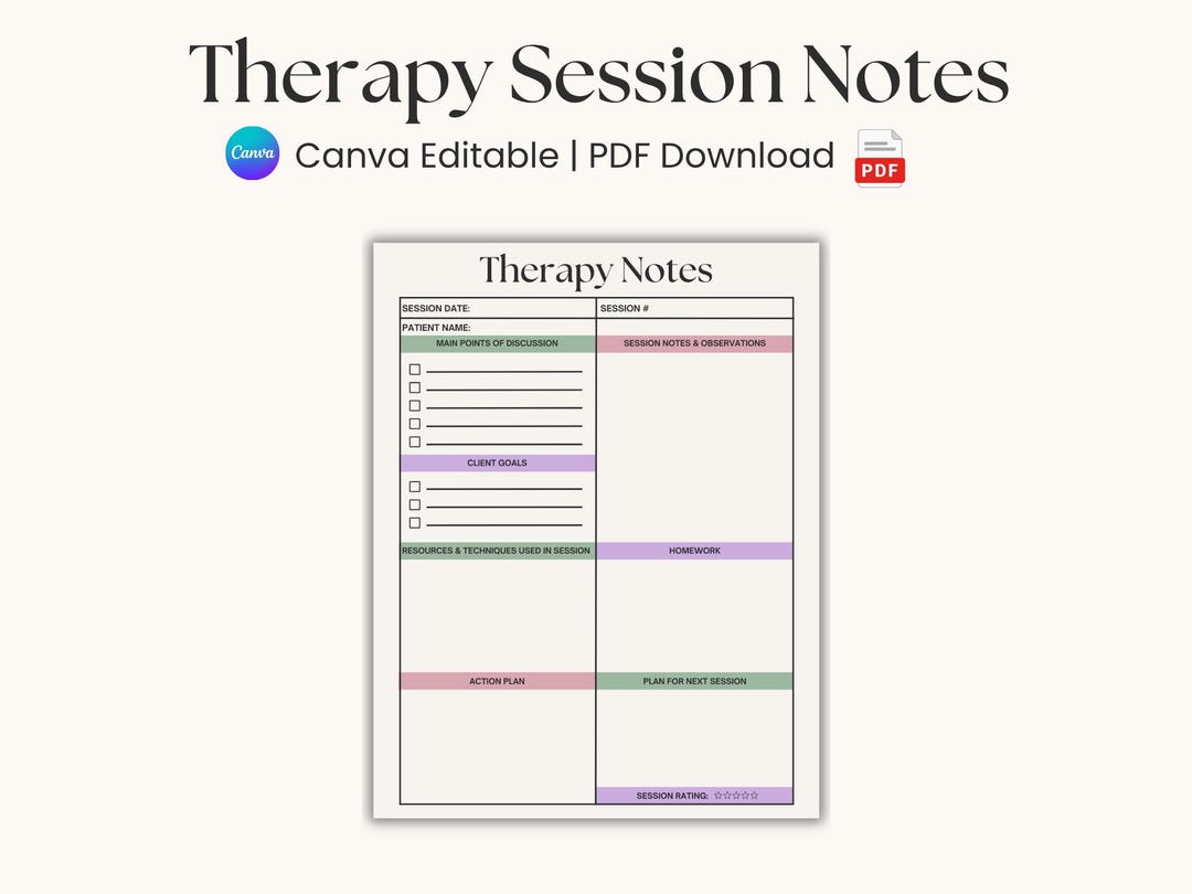 Therapy Session Notes Template Printable, Therapist & Psychologist ...