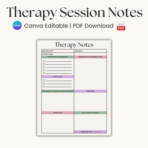 Therapy Session Notes Template | Clinical Progress Log for Psychologists and Counselors | SOAP and DAP Note Style | Editable Canva & PDF