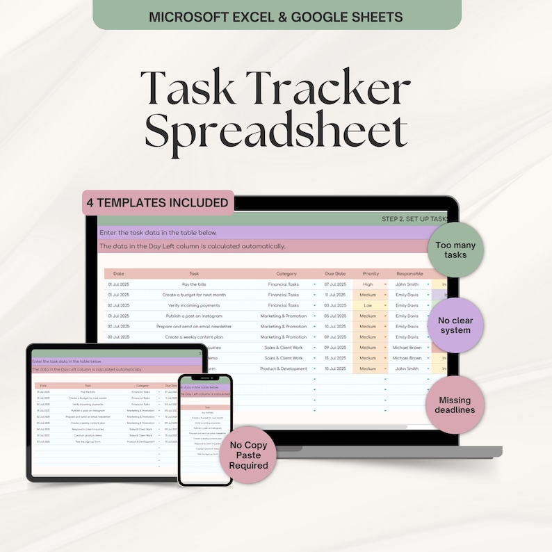 Product mockup for a Microsoft Excel and Google Sheets Task Tracker Spreadsheet, shown on a laptop, tablet, and phone screen with modern pastel-colored templates and feature callouts.