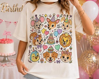 Niedliche Partytiere (PNG), Geburtstagstiere (PNG), Kawaii-Tierfreunde-Sublimationsdesign, DTF-Transferdatei für Kindergeburtstage