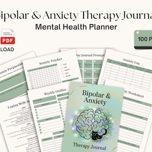 May include: A mental health planner titled "Bipolar & Anxiety Therapy Journal" with a brain graphic. The journal includes pages for anxiety preparation, tracking, and weekly outlines. The cover is light green with the text "Bipolar & Anxiety Therapy Journal". The planner has 100 pages.