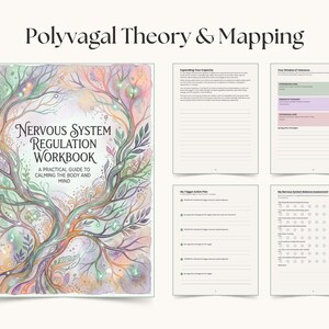 Op de afbeelding: Een werkboek getiteld "Nervous System Regulation Workbook" met de tekst "A Practical Guide to Calming the Body and Mind". De omslag toont een aquarel illustratie van een boom met kleurrijke bladeren en takken. Bijbehorende pagina's bevatten werkbladen en beoordelingen.