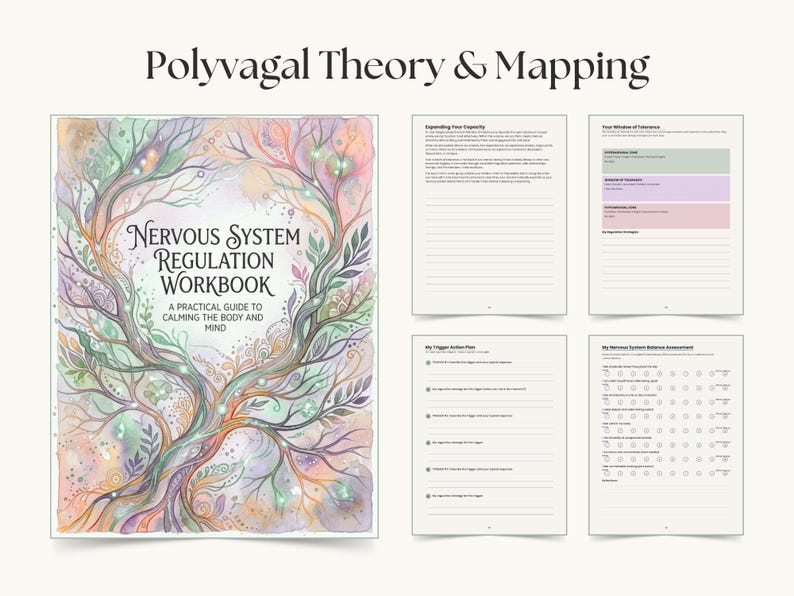 Op de afbeelding: Een werkboek getiteld "Nervous System Regulation Workbook" met de tekst "A Practical Guide to Calming the Body and Mind". De omslag toont een aquarel illustratie van een boom met kleurrijke bladeren en takken. Bijbehorende pagina's bevatten werkbladen en beoordelingen.