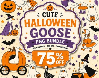 Halloween-Gans-PNG-Bundle, niedliche gruselige Gans (PNG), Hexengans, Kürbis- und Fledermausgrafiken, digitaler Download zum Selbstgestalten