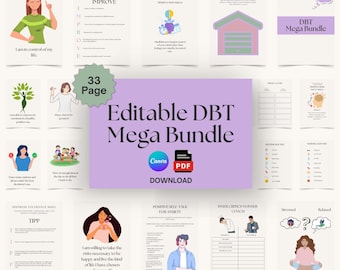 Editable DBT Mega Bundle for Emotional Regulation | Dialectical Behavior Therapy Workbook | Interpersonal Skills & Mindfulness | Canva PDF