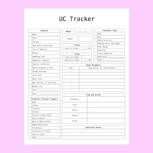 Puede incluir: Un gráfico blanco de UC Tracker con texto negro sobre un fondo rosa. El gráfico incluye secciones para síntomas, fecha, tratamientos, sueño, movimientos intestinales, alimentos y bebidas, y notas adicionales. El título "UC Tracker" está en la parte superior.