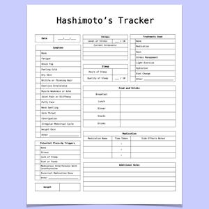 Puede incluir: Un papel blanco titulado "Hashimoto's Tracker" con un fondo azul claro. El rastreador incluye secciones para síntomas, niveles de estrés, sueño, alimentos, bebidas, medicamentos y notas adicionales. Está diseñado para rastrear información de salud.