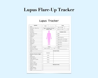 May include: A white Lupus Flare-Up Tracker sheet with a light blue background. The tracker includes sections for symptoms, date, sleep, treatments, food, and additional notes. The title "Lupus Flare-Up Tracker" is at the top.
