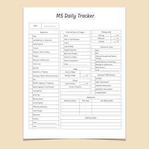 Pode incluir: Uma folha branca do MS Daily Tracker com um fundo bege. O rastreador inclui seções para sintomas, possíveis gatilhos de surtos, níveis de energia, tratamentos e detalhes de medicamentos. O título "MS Daily Tracker" está no topo.