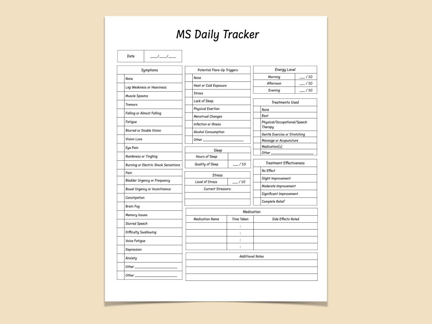 Ms Checklist MS Symptom Tracker | Printable PDF | Multiple Sclerosis Daily Log - Etsy