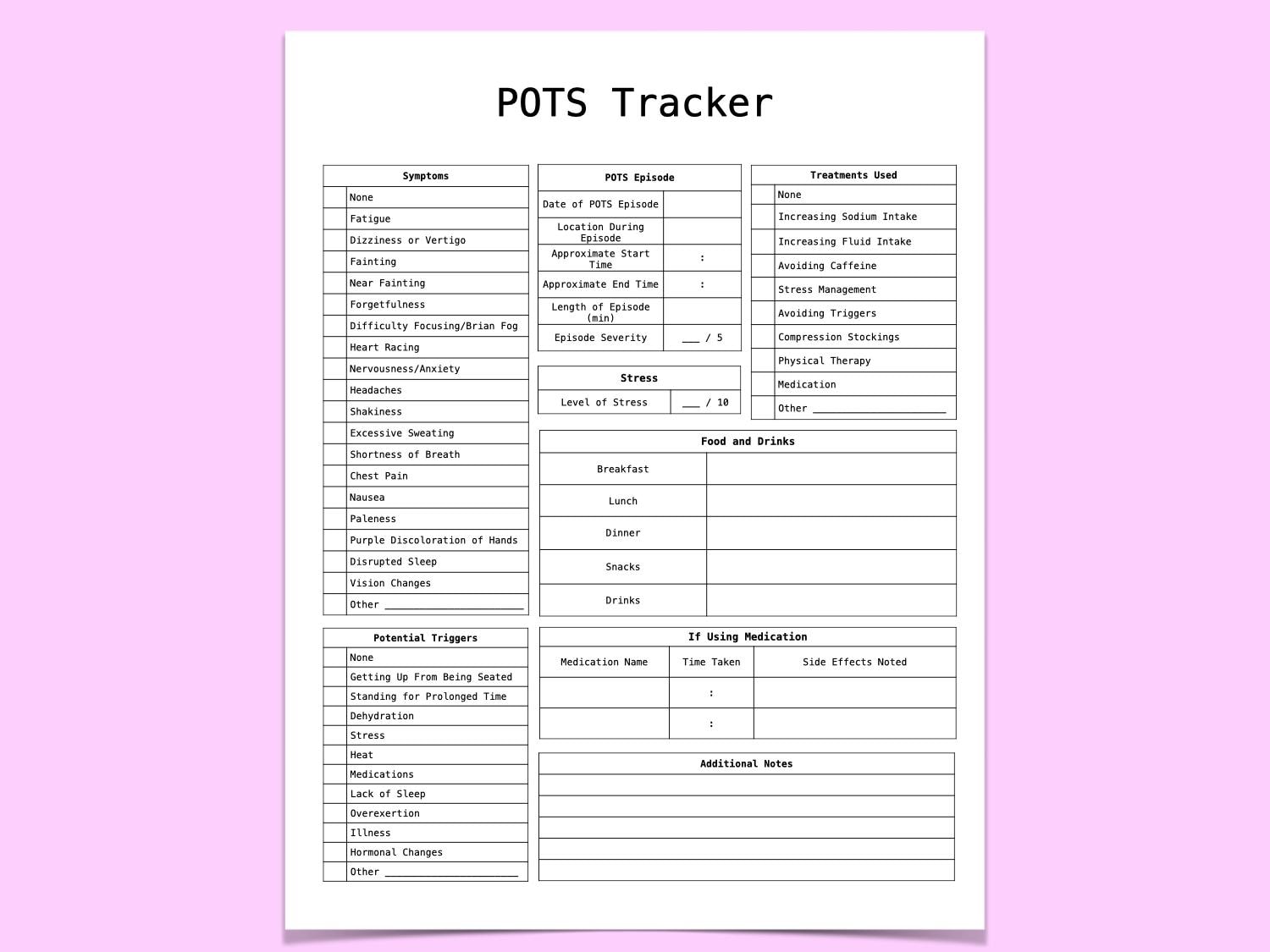Pots Testing Sheet.pdf POTS Tracker | Printable PDF - Etsy