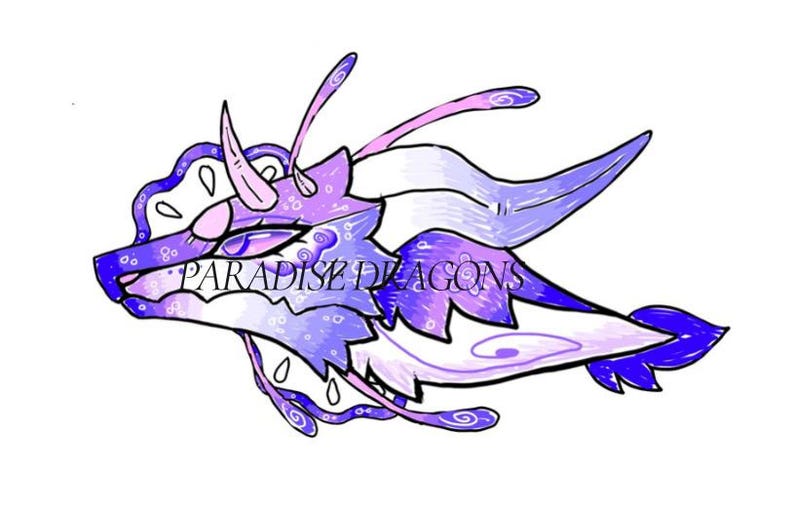 May include: A whimsical illustration of a dragon in shades of purple and blue. The dragon has a long, flowing body with intricate details, including horns, wings, and a decorative head. The text "PARADISE DRAGONS" is written across the dragon's body.