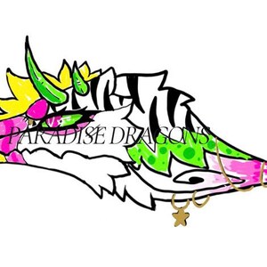 May include: A colorful illustration of a dragon's head with the text "PARADISE DRAGONS". The dragon features pink, green, yellow, and black accents, with a gold star and small gold charms. The design is on a white background.