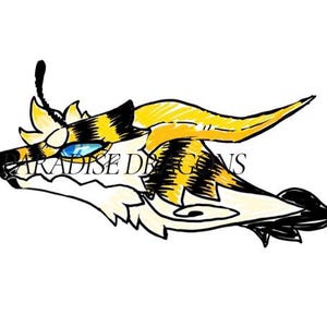 May include: A hand-drawn illustration of a dragon's head in profile. The dragon features yellow, black, and white markings, with blue eyes and a curved horn. The text "PARADISE DRAGONS" is visible.