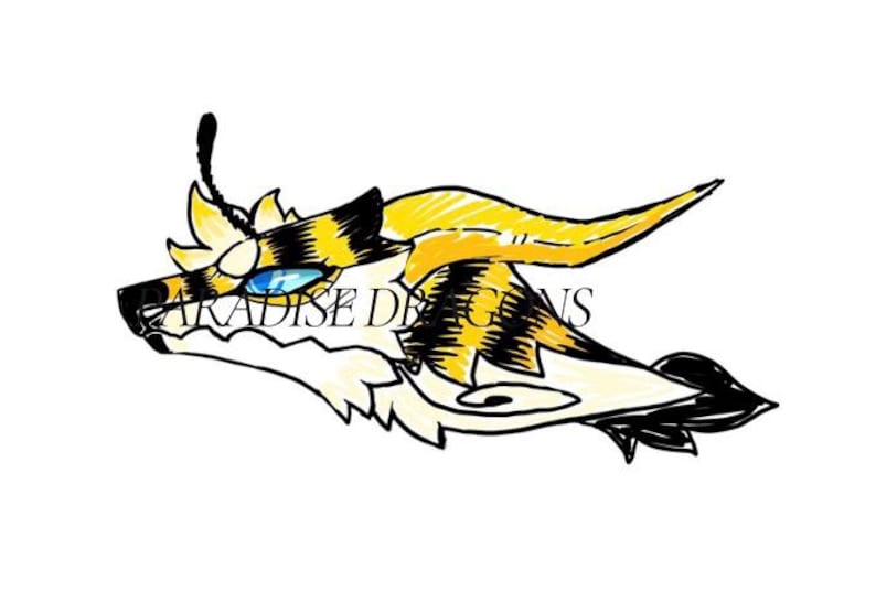 May include: A hand-drawn illustration of a dragon's head in profile. The dragon features yellow, black, and white markings, with blue eyes and a curved horn. The text "PARADISE DRAGONS" is visible.